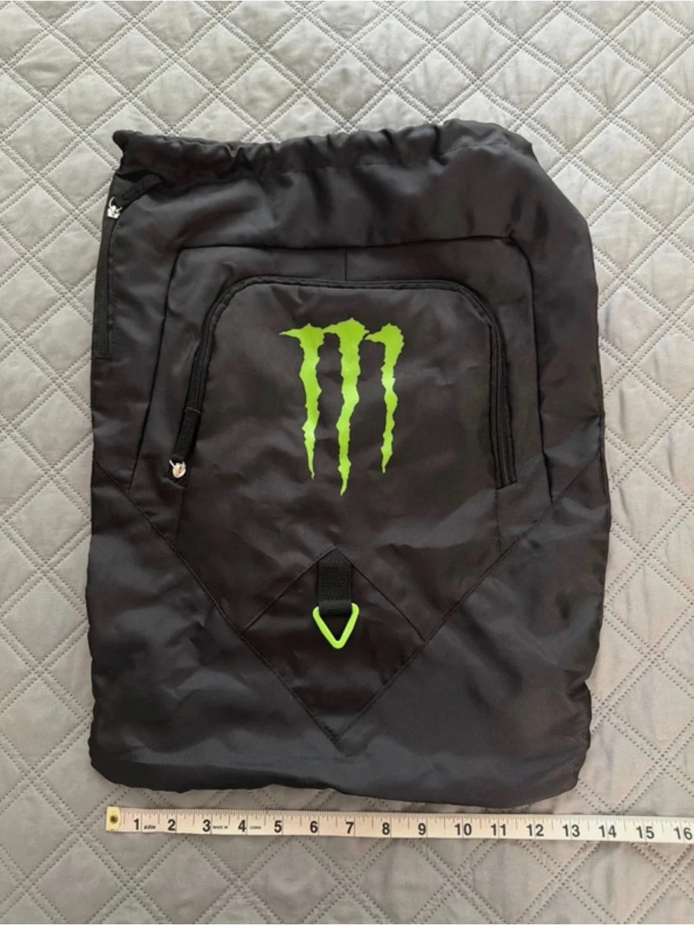 Black Backpack with Neon Green Monster Logo - Men's Drawstring Pack